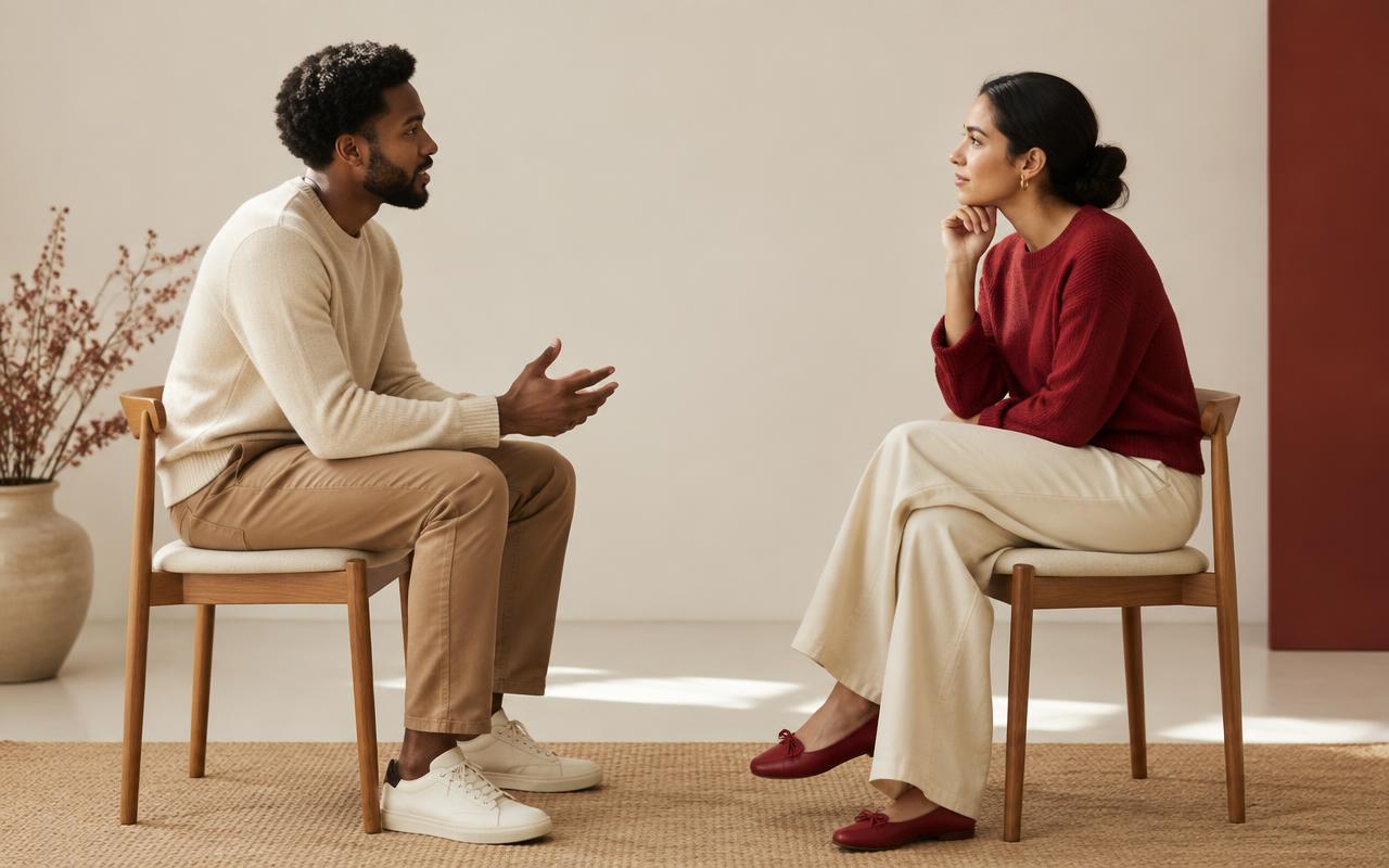 Two adults practicing a listening exercise
