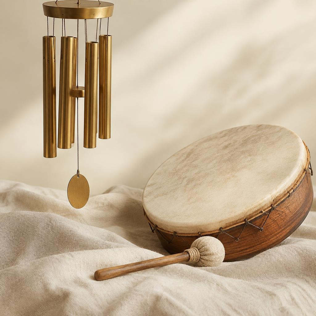 Brass chimes and a frame drum resting on linen