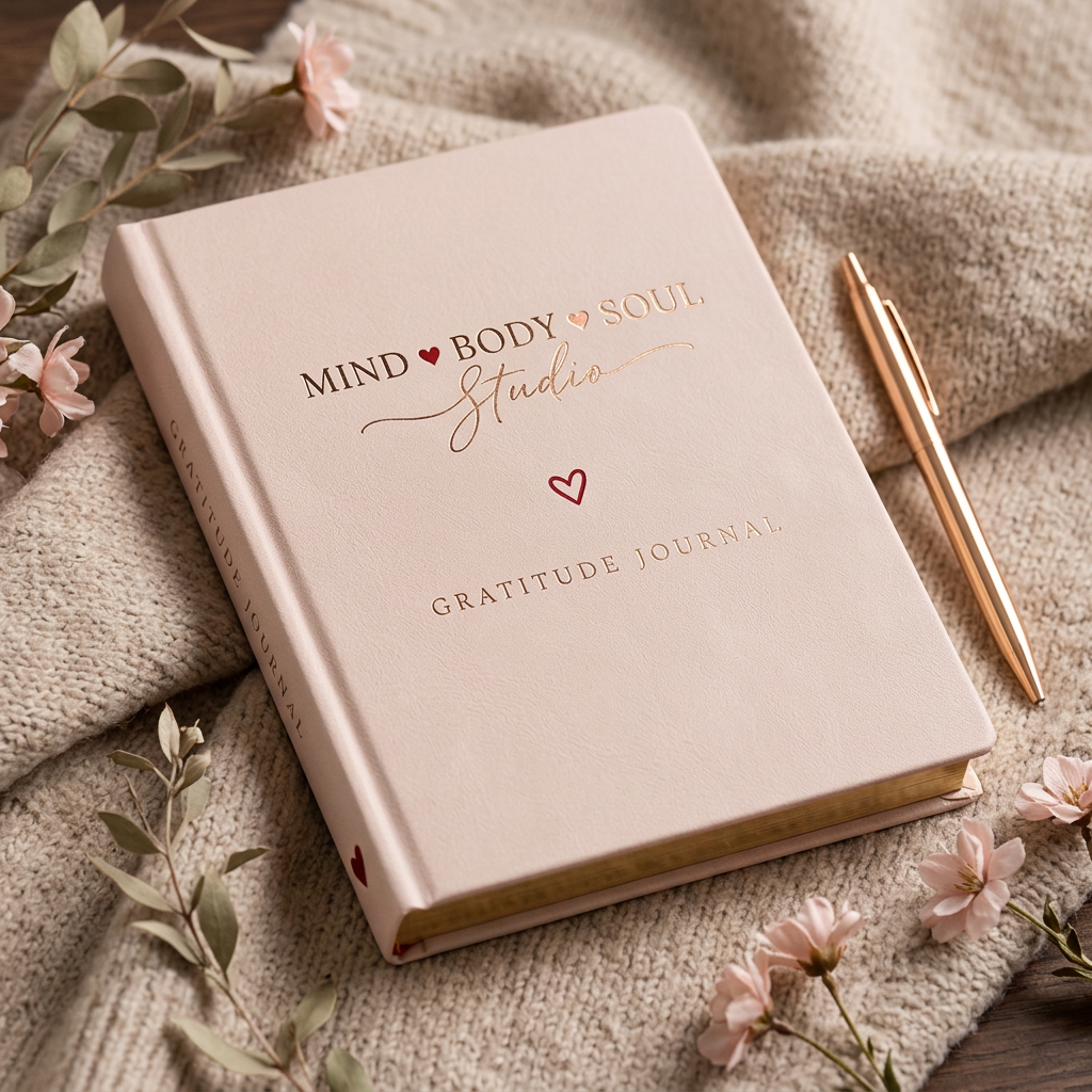 The blush hardcover Gratitude Journal with a gold pen